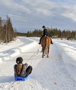 Child sledding while other do horse riding and pull the sled